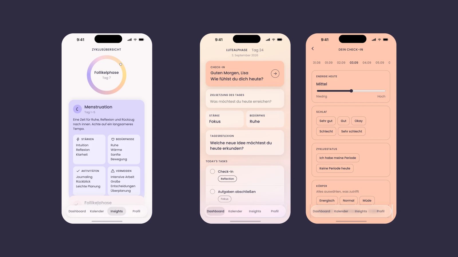 Zwei Smartphones: Dashboard mit Check-in und Tagesaufgaben sowie Startbildschirm mit Illustration