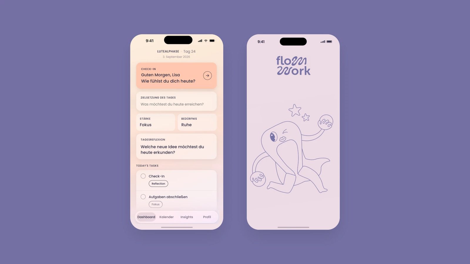 Zwei Smartphones: Dashboard mit Check-in und Tagesaufgaben sowie Startbildschirm mit Illustration